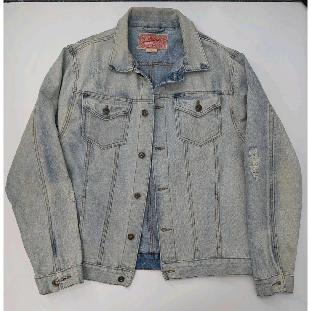 Light Wash Distressed Denim Jean Jacket Men's Size L Grunge Indie Sleeze Western